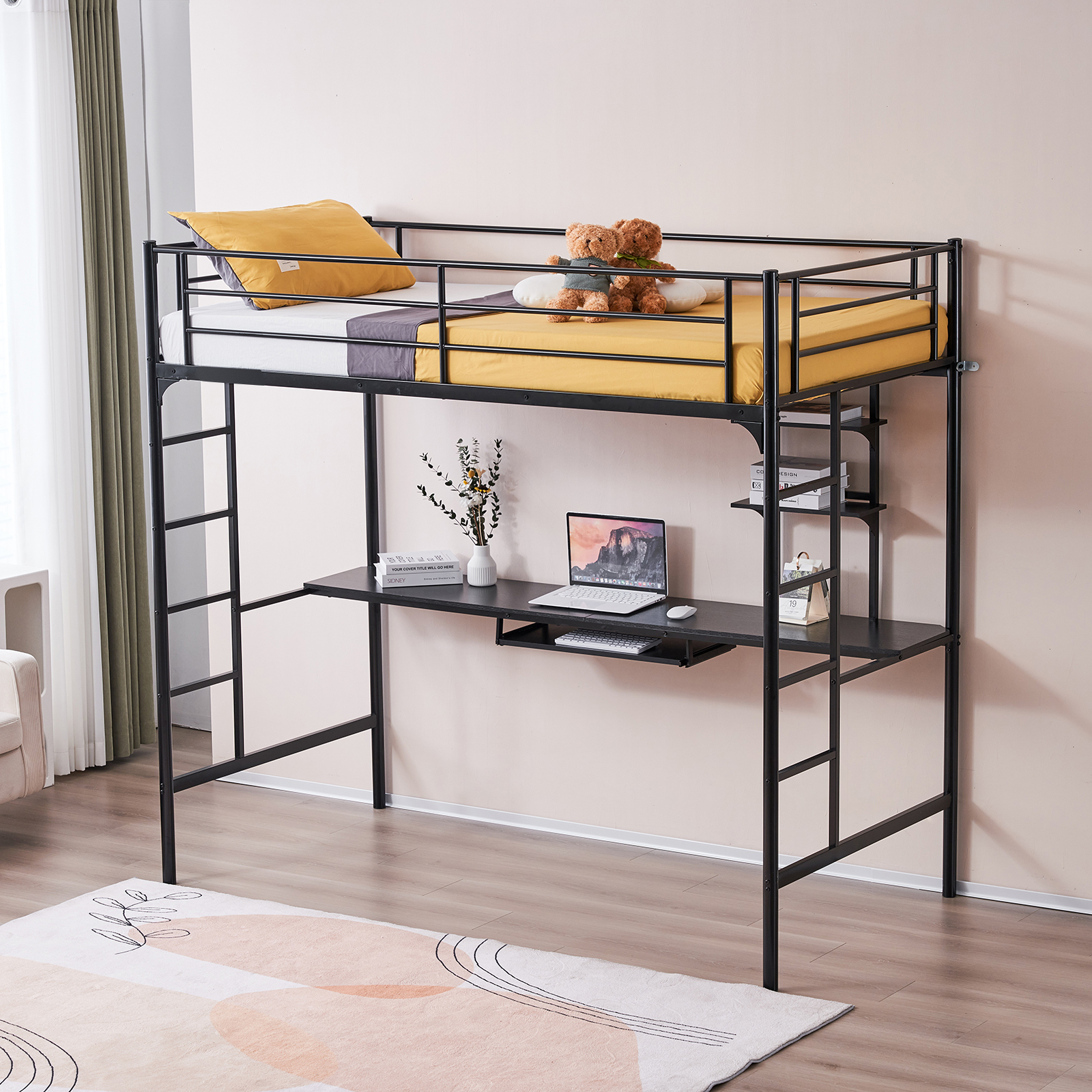 Metal Twin Size Loft Bed Frame with Writing Desk and Ladder for Kids Teen Adult