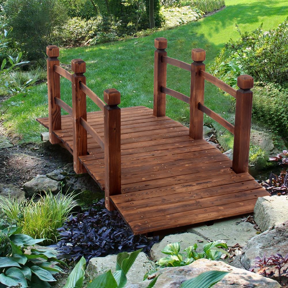 New 5 ft Wooden Bridge Stained Finish Decorative Wood Garden Pond Arch Walkwa US