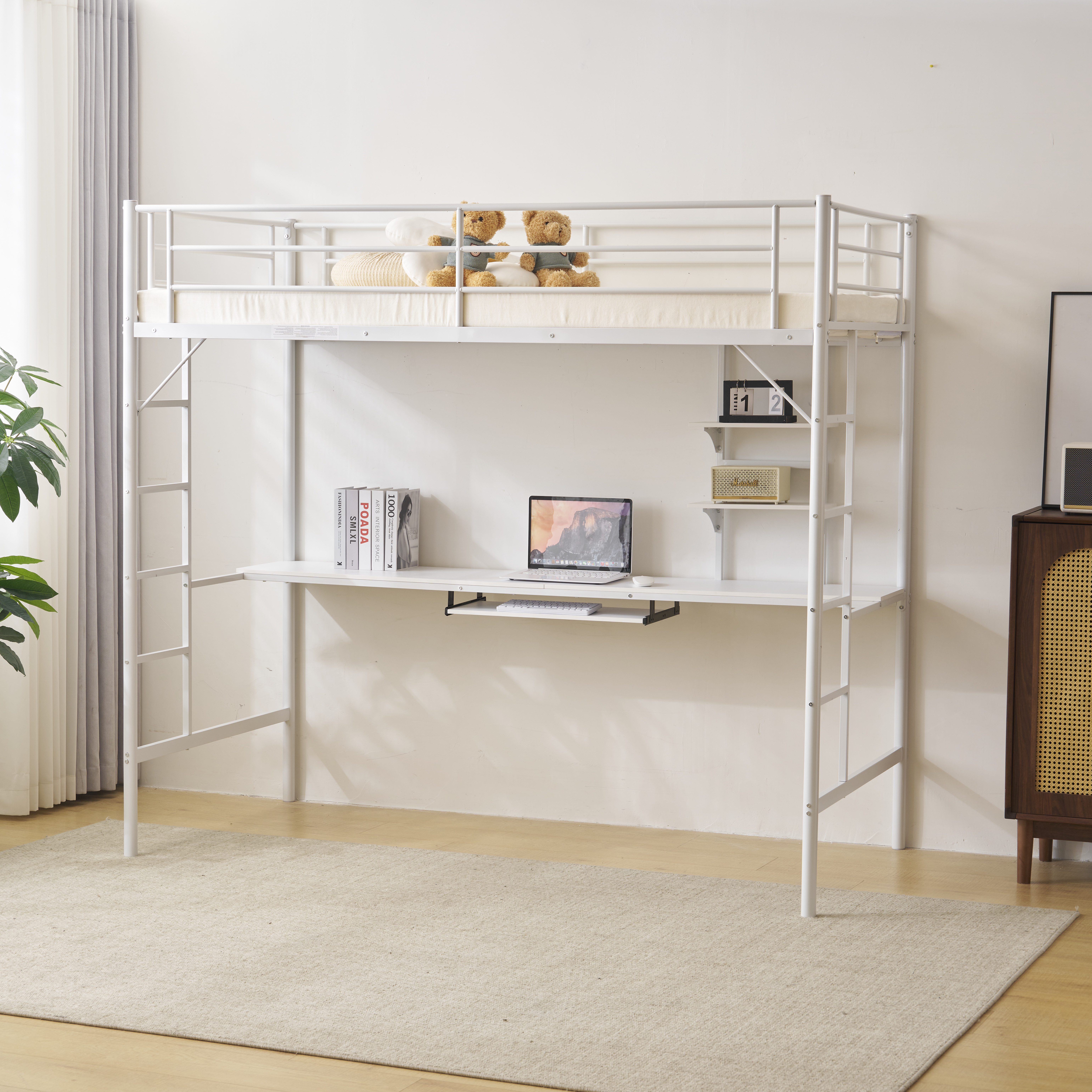 Heavy-duty Twin Size Metal Loft Bed W/ Computer Desk + Book Shelves and Ladder