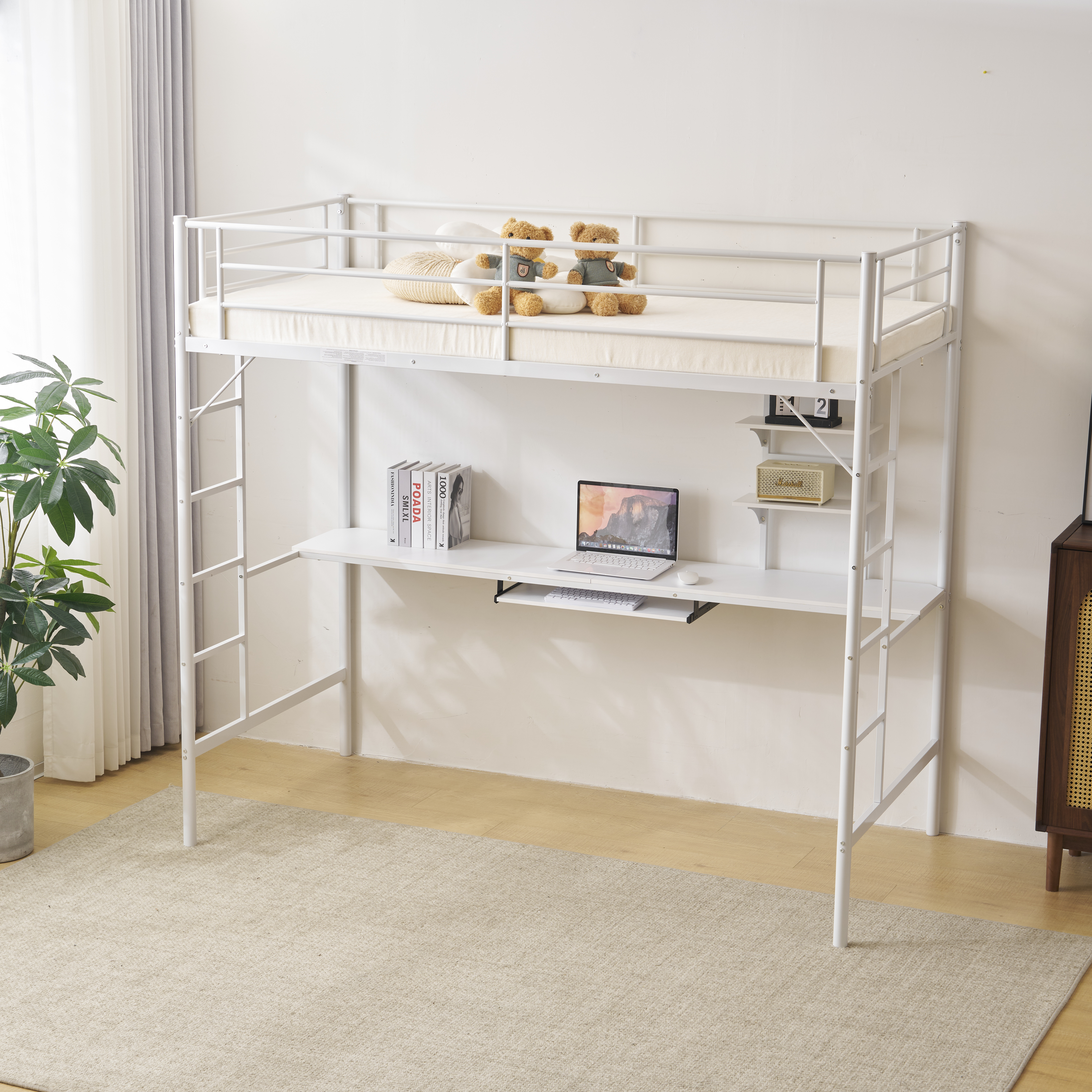 Heavy-duty Twin Size Metal Loft Bed W/ Computer Desk + Book Shelves and Ladder