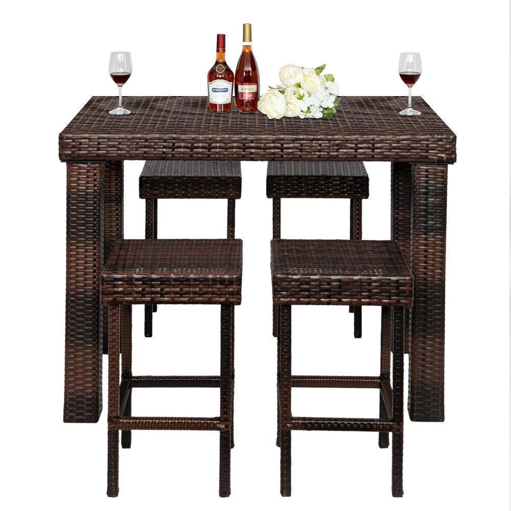 Set of 5 Rattan Patio Furniture Wicker Bar Table & Stools Dining Sets Breakfast - Picture 14 of 14
