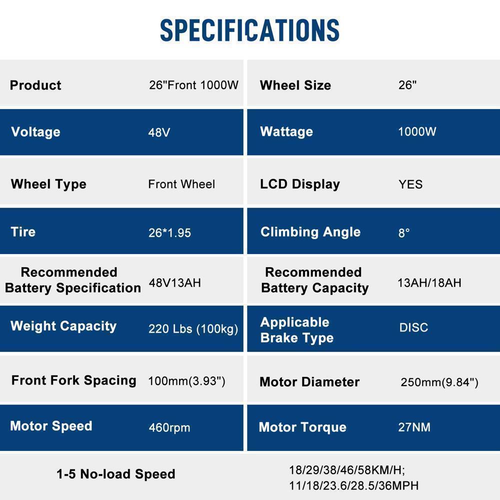 1000W 48V Front Rear Wheel with Tire Electric Bicycle E-Bike Conversion Kit - Picture 19 of 21