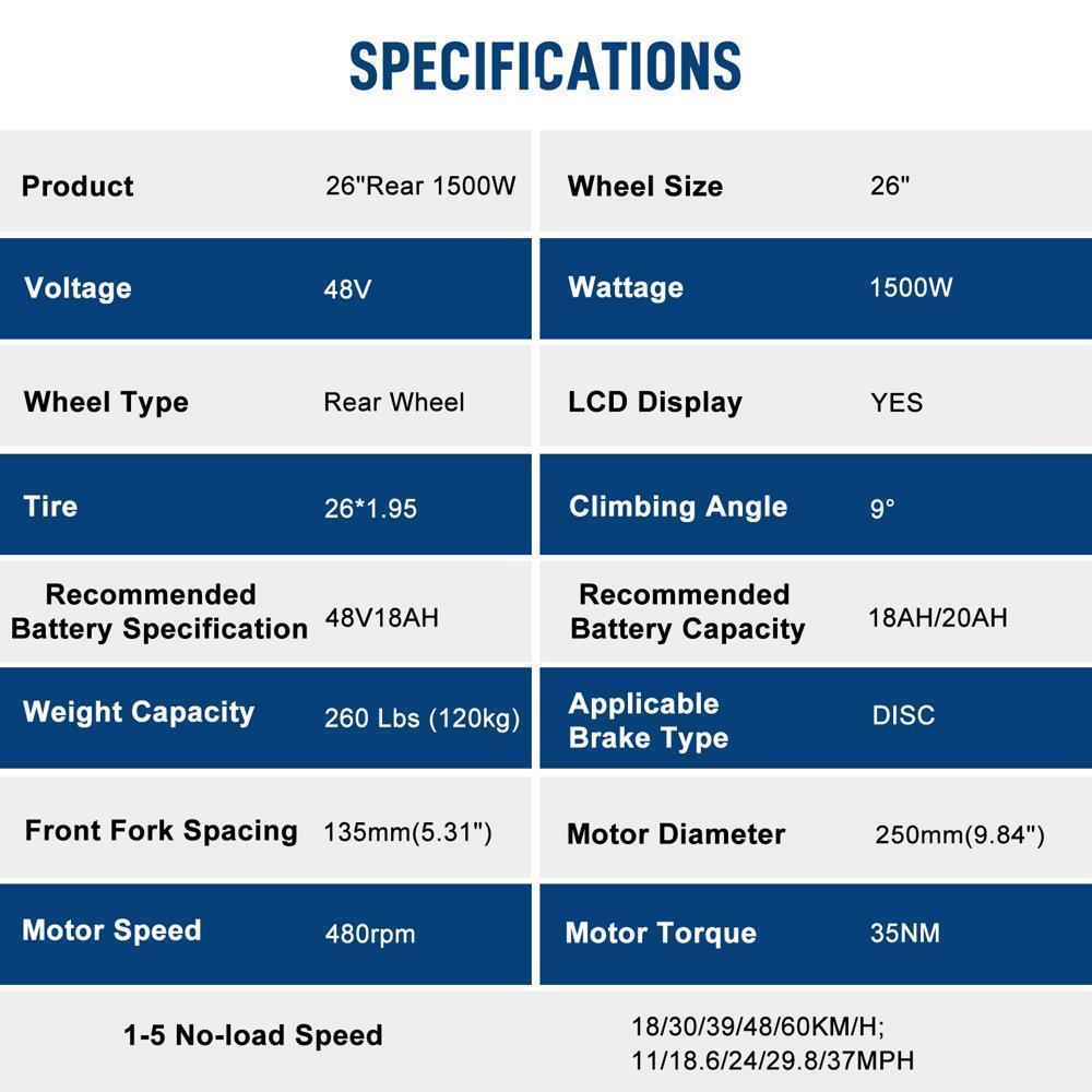 26 Inch 48V 1000W Electric Bicycle Front Rear Wheel E Bike Motor Conversion Kit