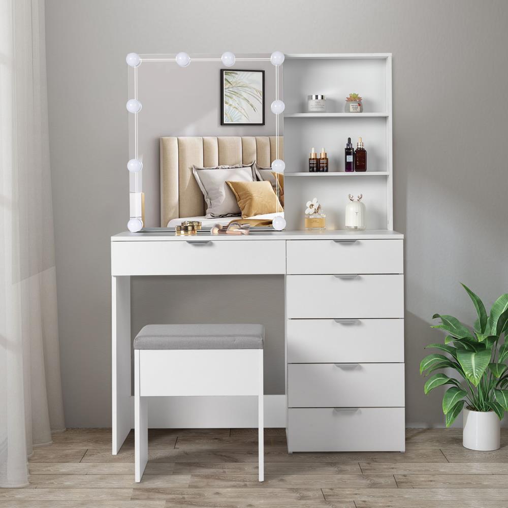 3 Color Lighted Vanity Table Set Makeup Table with Nightstand Dressing Table
