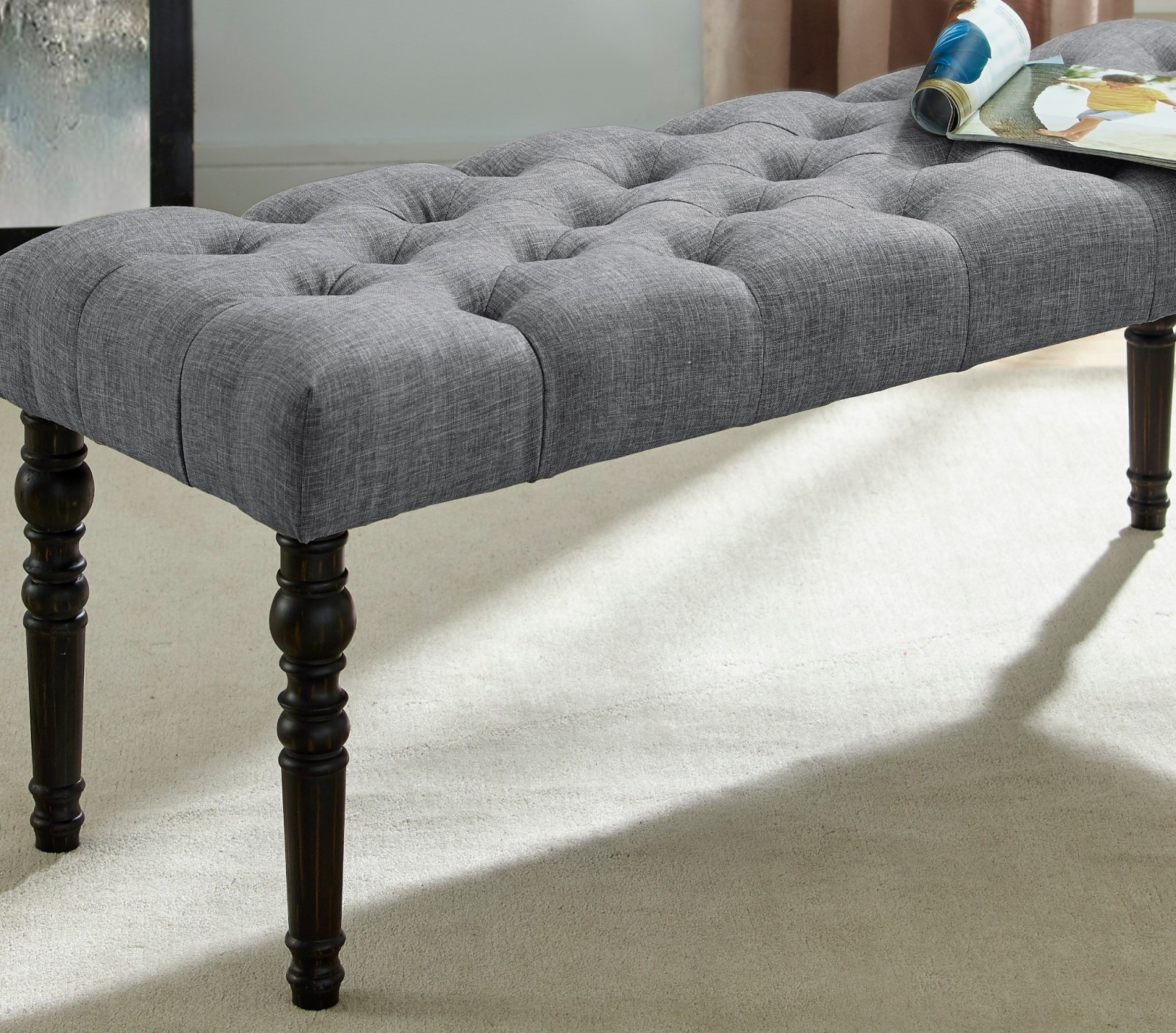 Solid Wood Frame Fabric Button Tufted Seat Dining Bench with Turned Legs