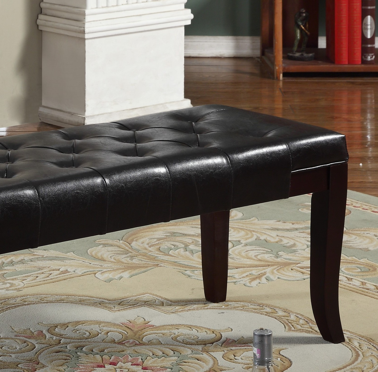 Faux Leather Tufted Ottoman Bench with Finished in Espresso Legs