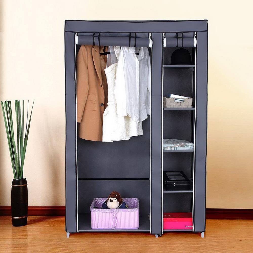 Fabric Canvas Wardrobe With Clothes Hanging Rail Shelves Storage Cupboard - Picture 9 of 11